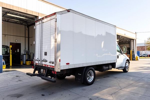 White 16-foot box truck backed into a commercial loading dock