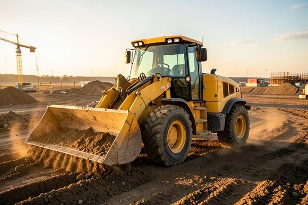 Yellow bulldozer pushing dirt on an American construction site at sunset