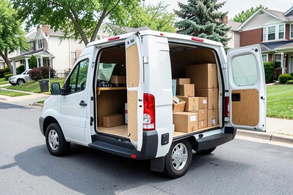 White cargo delivery van loaded with parcels on a suburban delivery route