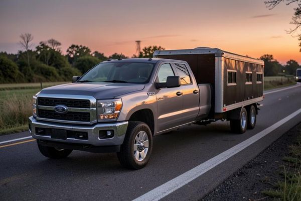 Heavy-duty dual cab pickup truck towing a gooseneck trailer on a rural highway