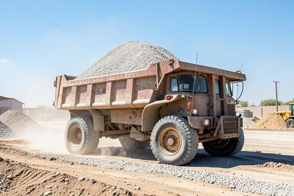 Loaded tandem dump truck hauling gravel across a dusty construction site