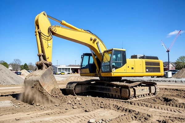 Large yellow hydraulic excavator digging foundations on a job site