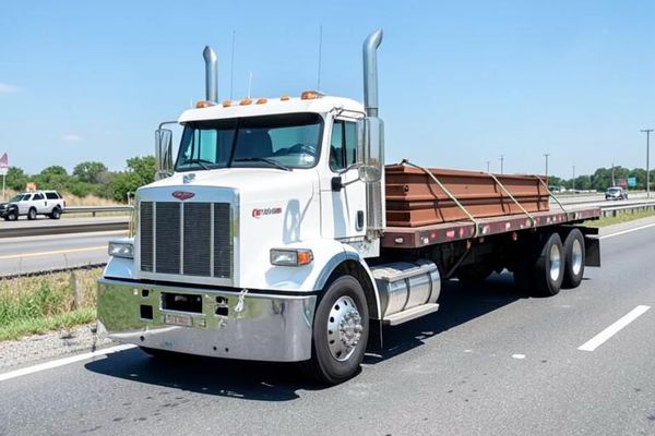 Flatbed semi truck hauling strapped steel beams down an interstate