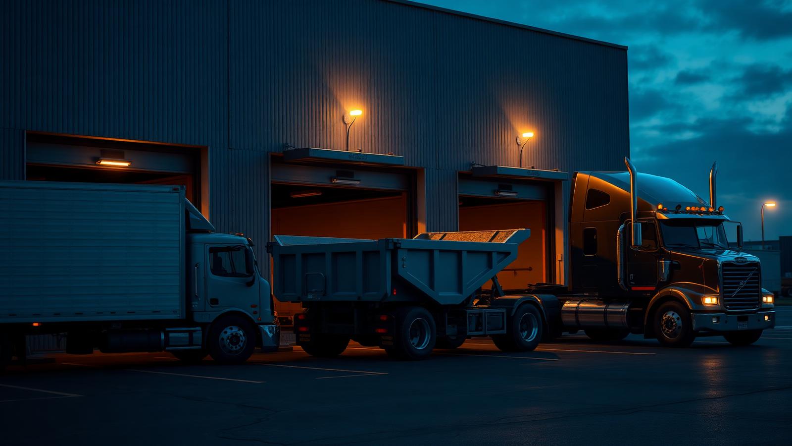 Box truck, dump truck, and semi-tractor at an industrial loading dock at dusk