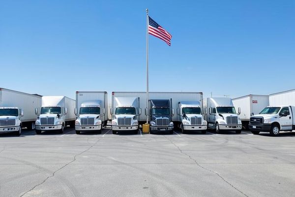 Small American trucking fleet of box trucks, tractors and a pickup parked in a yard