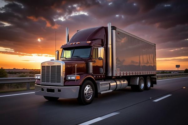 Long-haul semi truck with sleeper cab running an open interstate at sunset