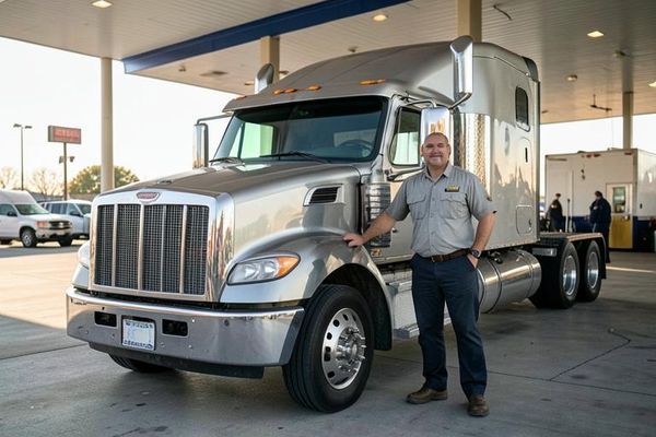 Owner-operator truck driver standing beside his own semi truck at a truck stop