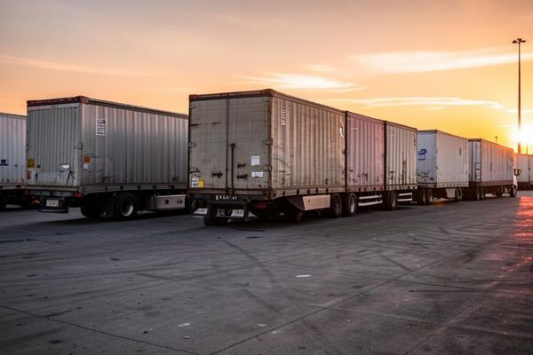 Row of dry van semi trailers parked in a freight yard at sunrise